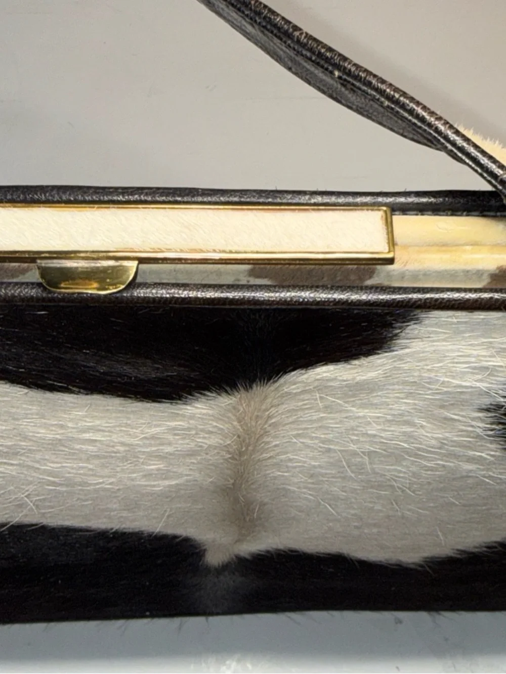 Black and White Cowhide Shoulder Bag with Top Handle